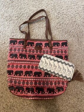 Billabong Red Elephant Pattern Canvas Tote Bag with Matching Wallet